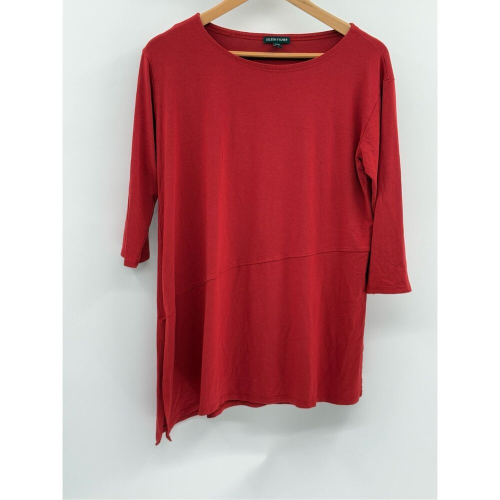 Eileen Fisher Tunic Top Women Size Medium 3/4 Sleeve Orange Red Asymmetrical Hem